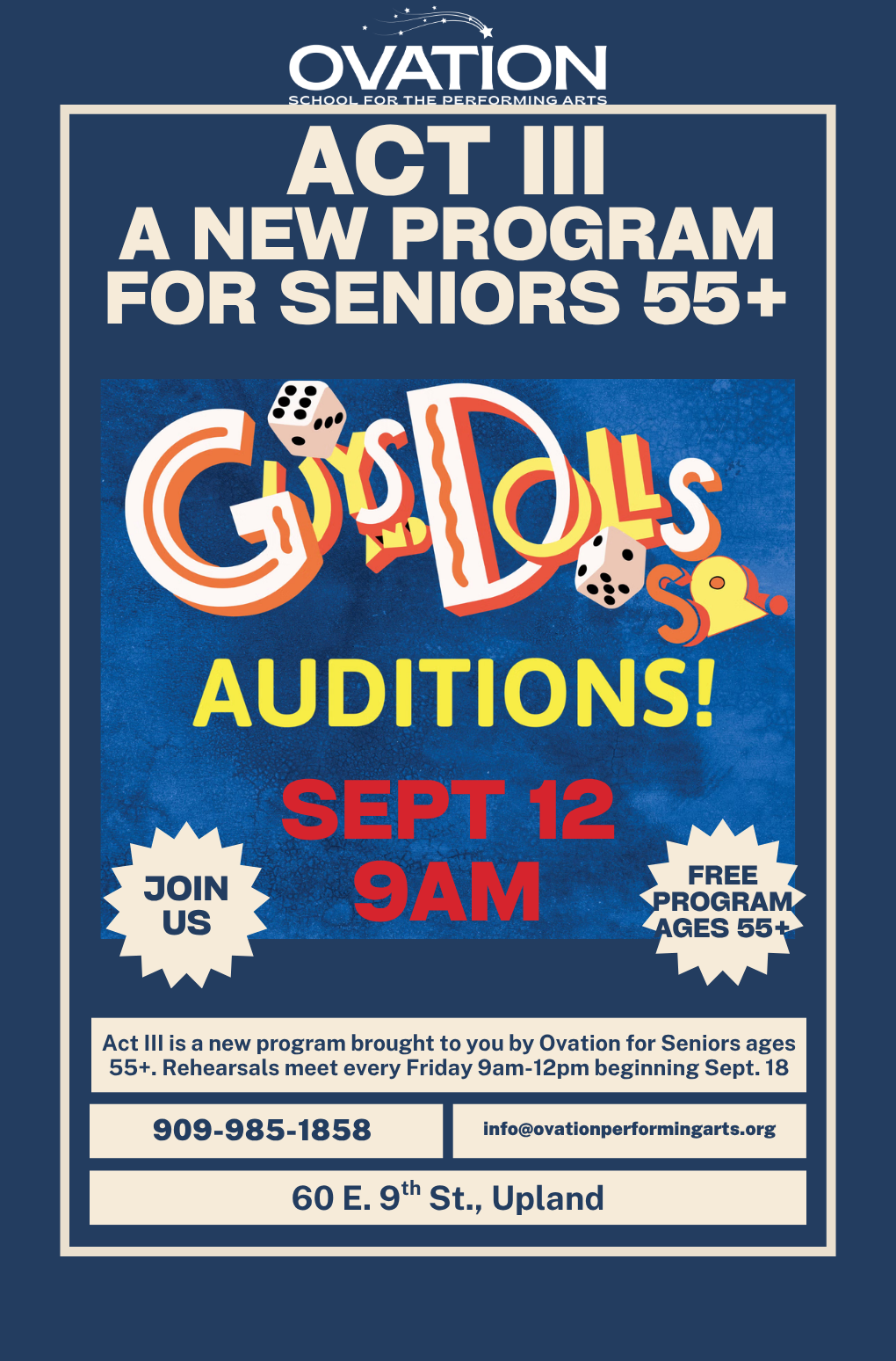 Ovation Act III auditions flyer for seniors 55 and older
